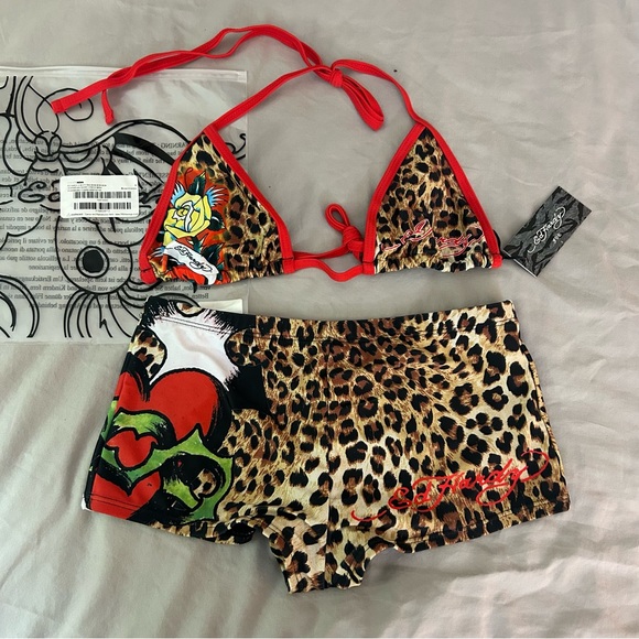 Ed Hardy, Leopard Print 2 Piece Bikini & Shorts Set, Small Fits XS Fashion Nova - Picture 1 of 10